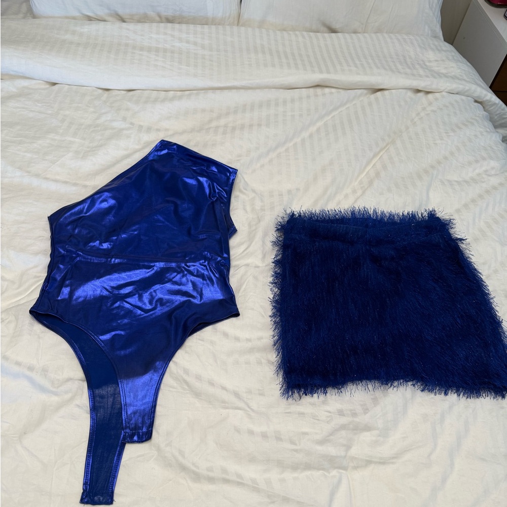 Blue Metallic Bodysuit and Furry Skirt Set
